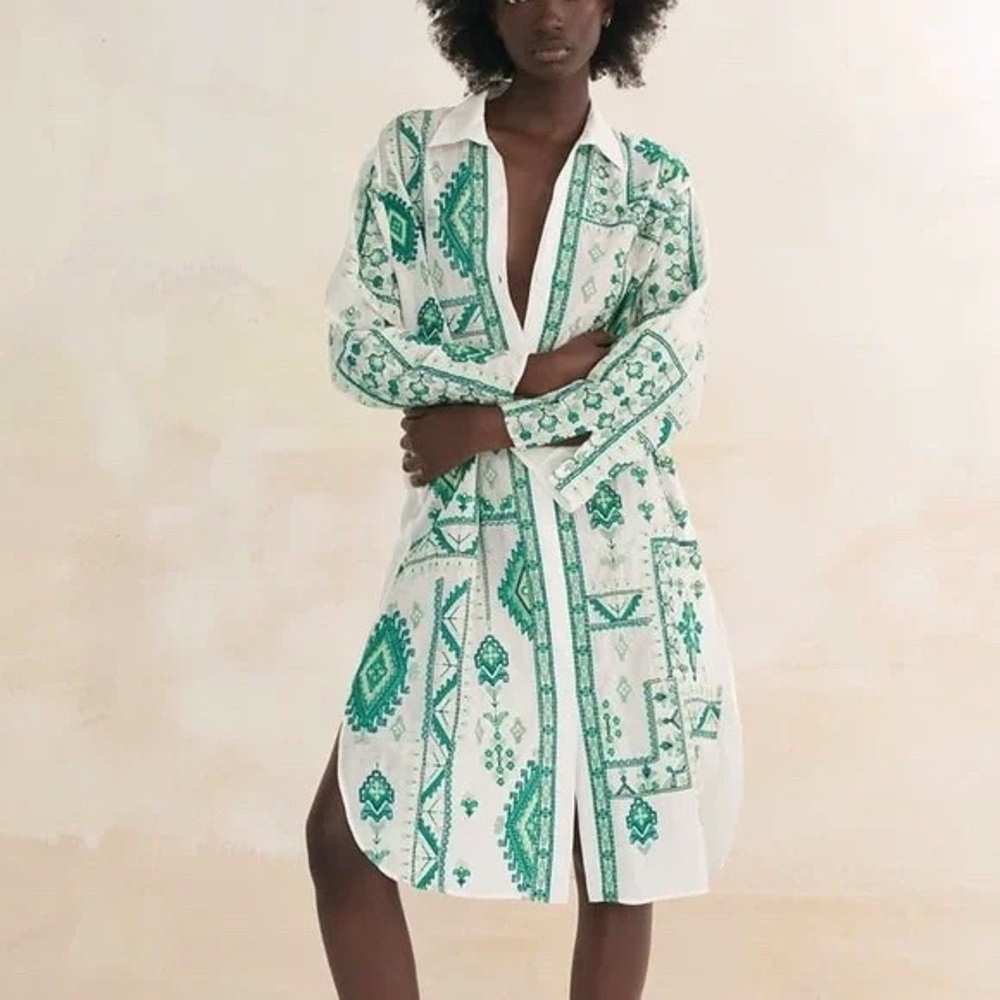 Zara White and Green Patterned Midi Dress
